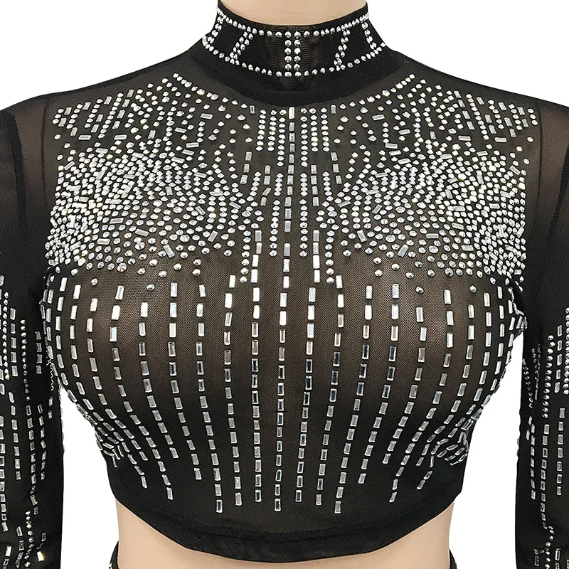 kricesseen sexy mesh hot drilling see through skirt set women crystal long sleeve top and maxi skirt suits clubwear outfits free global shipping