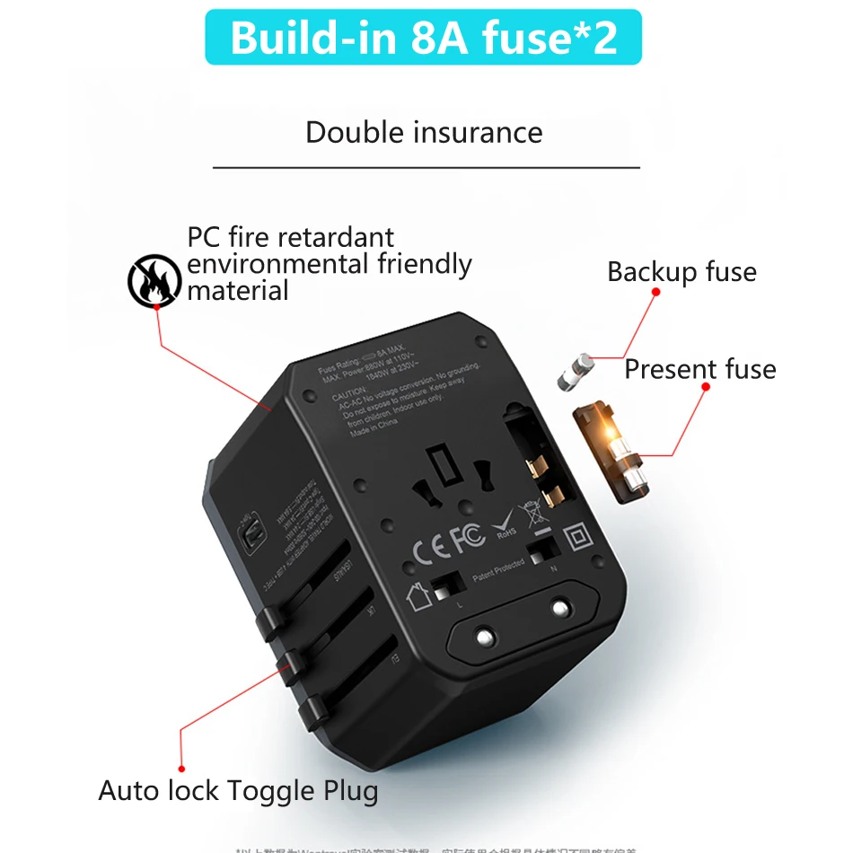 

Universal Travel Adapter Universal plug converter with TYPE C USB Global universal voltage Charger