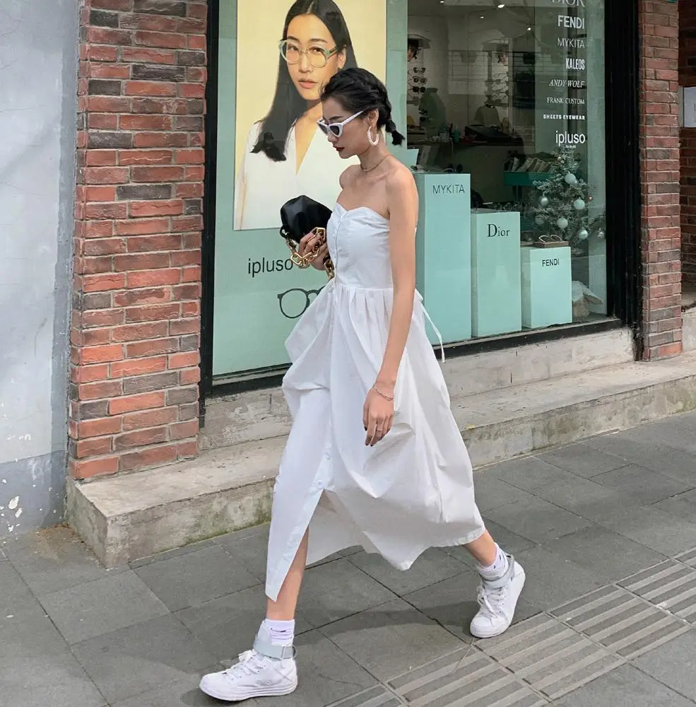 Белое Женское Платье рубашка без рукавов регулируемое женское длинное платье 4062