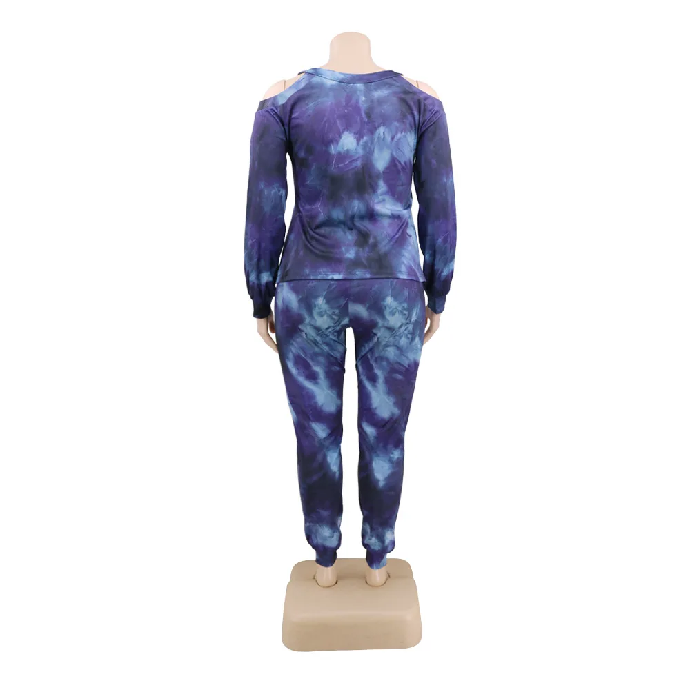 

Newest 2021 Casual Two Pieces Women Outfits Dark Blue Tie Dye Printed Sets Sport Pants Shoulder Hole + O-neck Lady Outfits