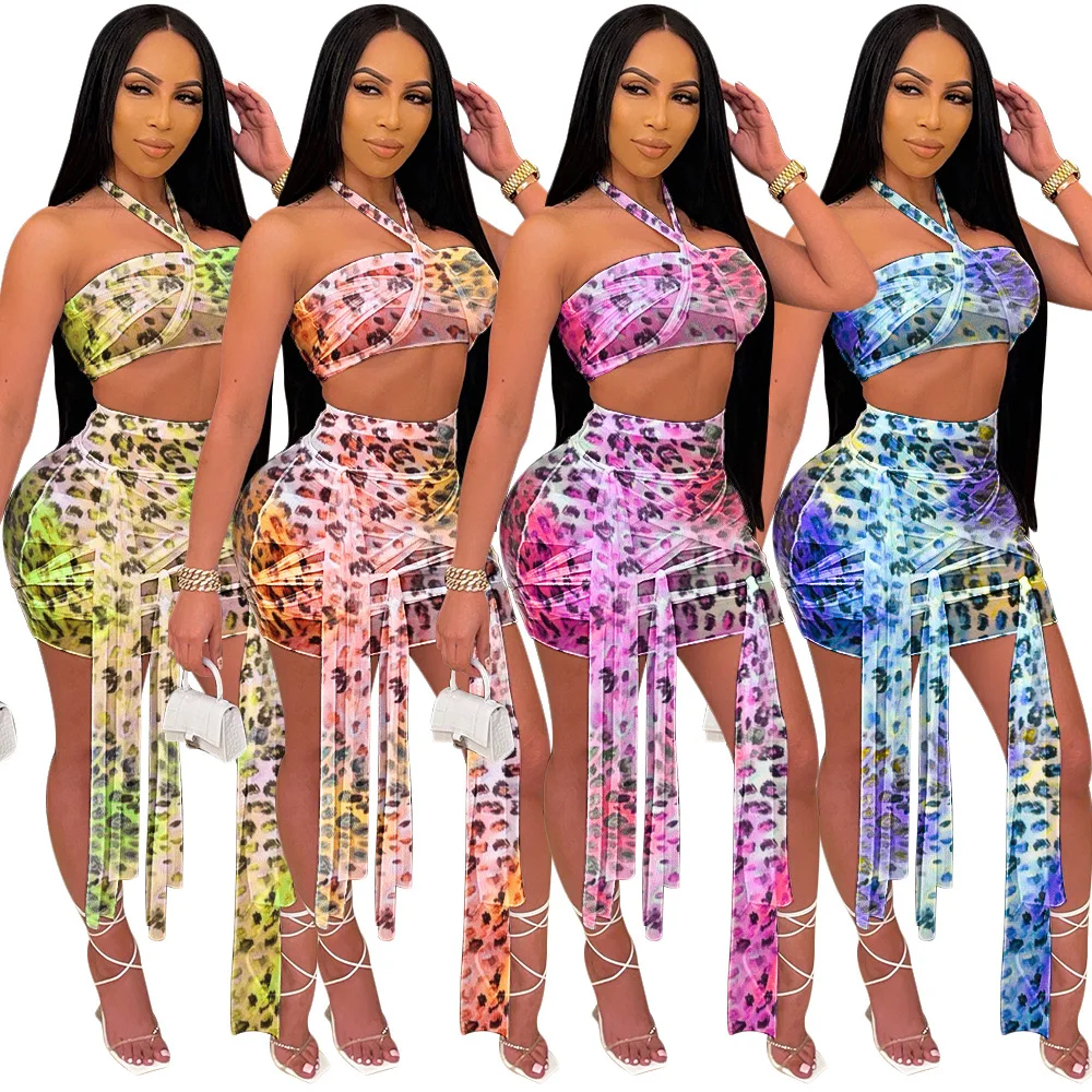 

2021 Leopard Print Sheer Mesh Bandage Lace Up Skirt Set Two Piece Set Sexy Halter Crop Top Skirt Party Clubwear Outfits Robes