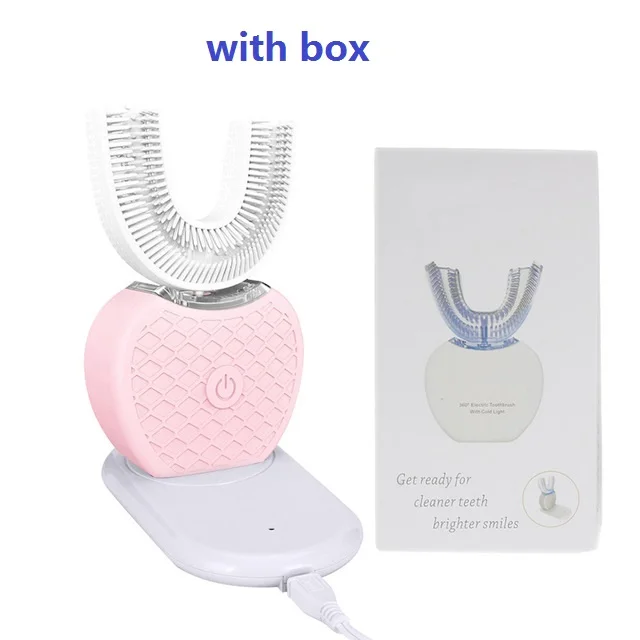 pink with box Новинка 360 градусов интеллектуальная автоматическая звуковая электрическая зубная щетка USB перезаряжаемая ультра звуковая u-форма 4 режима таймер синий свет - Цвет: pink with box