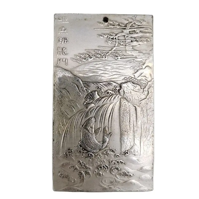 

Chinese old Tibetan silver relief Carp Jumping Dragon Gate Waist Card amulet pendant Feng Shui lucky Card pendant