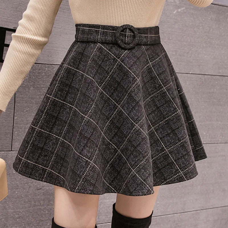 Black Новинка Harajuku мини Клетчатая Шерстяная Юбка Женская корейская мода зима осень трапециевидная юбка женская консервативный стиль плюс размер юбка - Цвет: Black