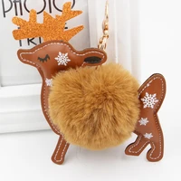 cute pompom fluffy fur ball deer keychain leather animal artificial rabbit fur keyring women girl friend gift christmas jewelry