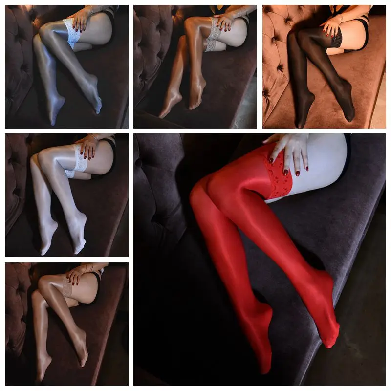 Женские сексуальные блестящие чулки 70D глянцевые кружевные силиконовые Чулки до