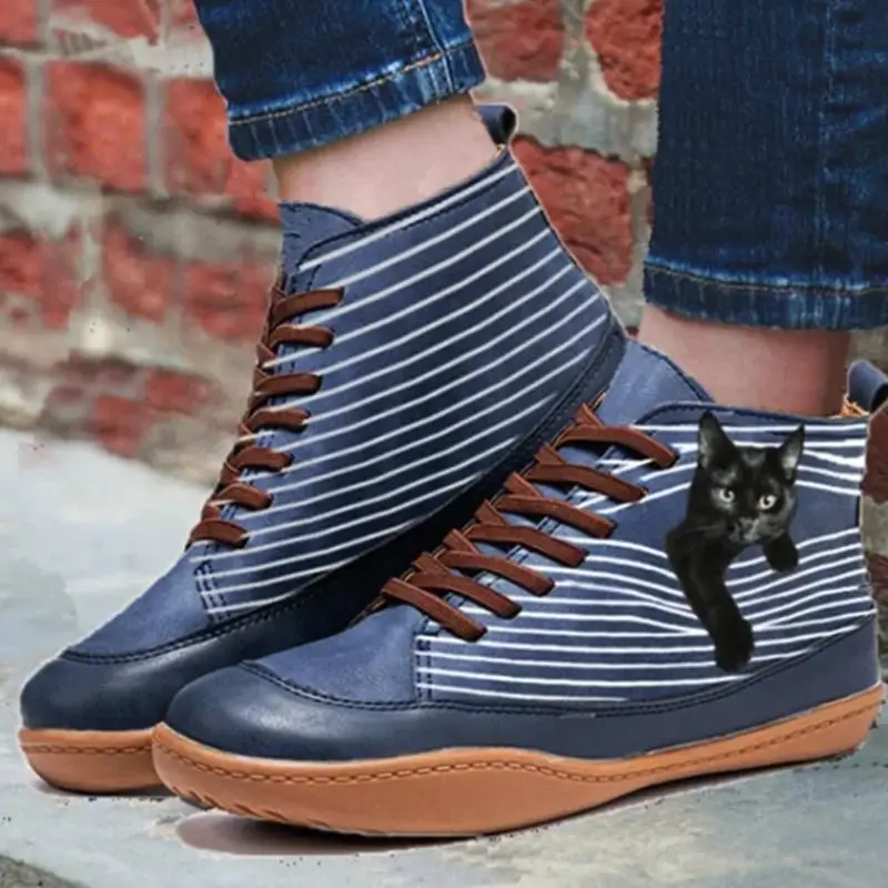 

2021 New Women's PU Splicing Suede Cat Fashion Lace Up Striped Flat Bottom Boots Comfortable Leisure Hot Women's Boots 5KE294