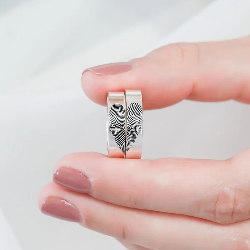 

Fingerprint Love Couple Promise Rings Punk Heart-shaped Valentine's Day Rings for Women Men Jewelry Gifts