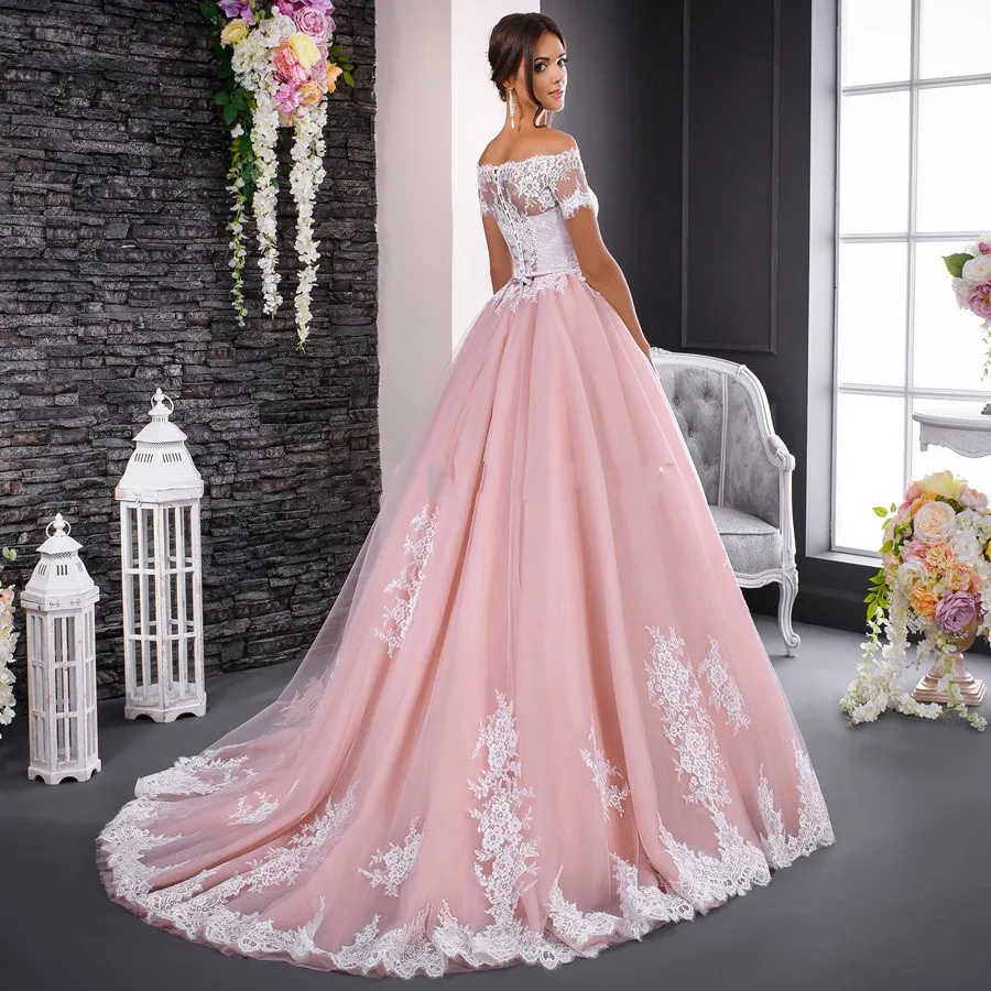 

Gorgeous Pink Lace Dresses for Wedding Party Boat Neck Ball Gown Bride Dress Off Shoulder Short Sleeves Formal Vestido noiva