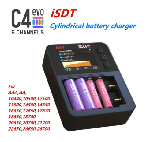 

Умное зарядное устройство ISDT C4 EVO с разъемом Type-C QC3.0, для литий-ионных аккумуляторов AA, AAA, с IPS-дисплеем и противопожарной защитой