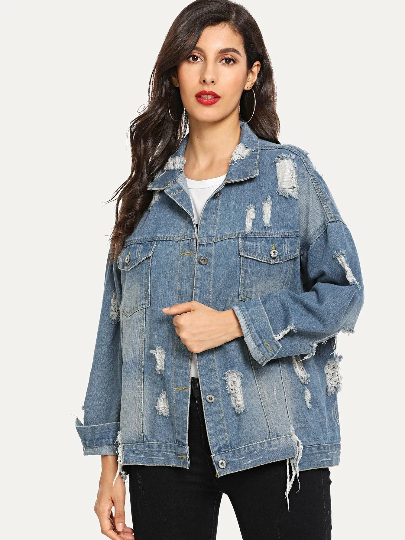 

Women Jeans Jacket Autumn New Ripped Fashion Casual Women Coat Irregular Letter Print Loose Patchwork Blue Ladies Outfits