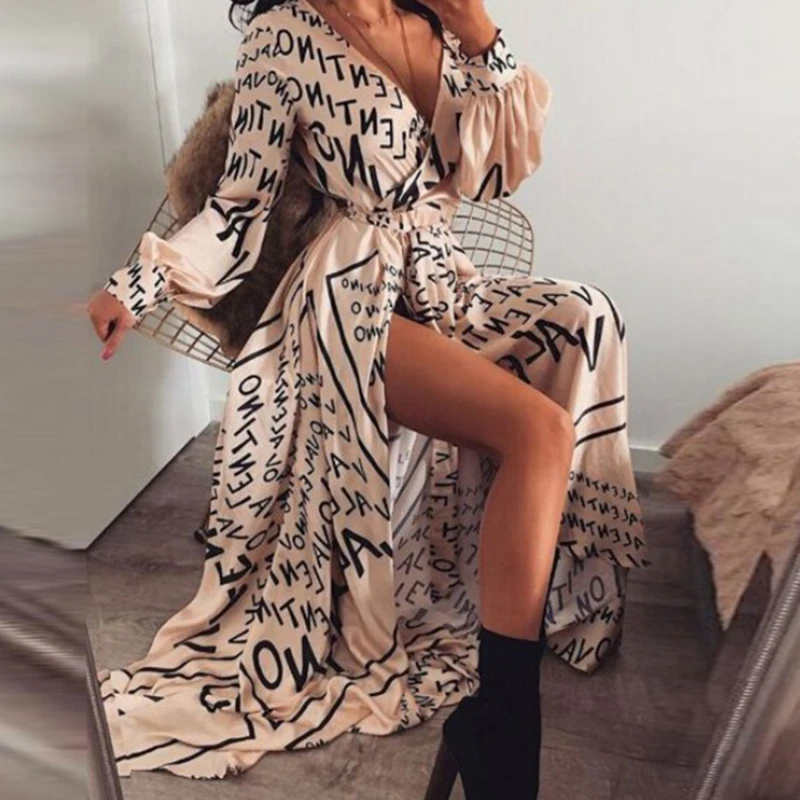 

Summer New Flower Print Party Dress Women Bohemian V-neck Waist And Swinging Beach Banquet Dress Slit Dresses Women