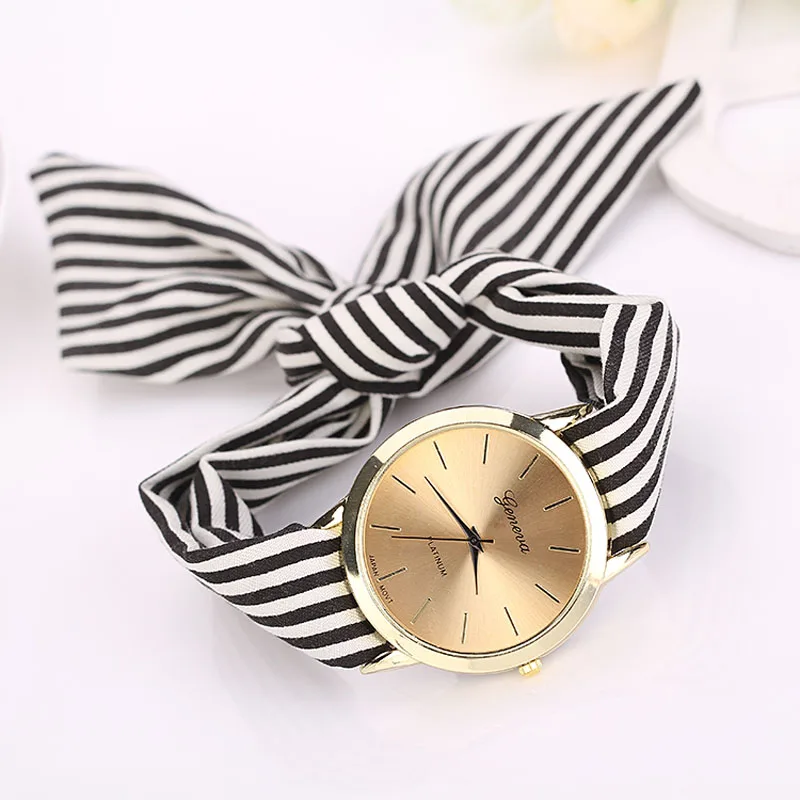 

Fashion Ladies Watch Striped Floral Cloth Bow Student Quartz Round Dial Tied Hands Wristwatch Holiday Gift