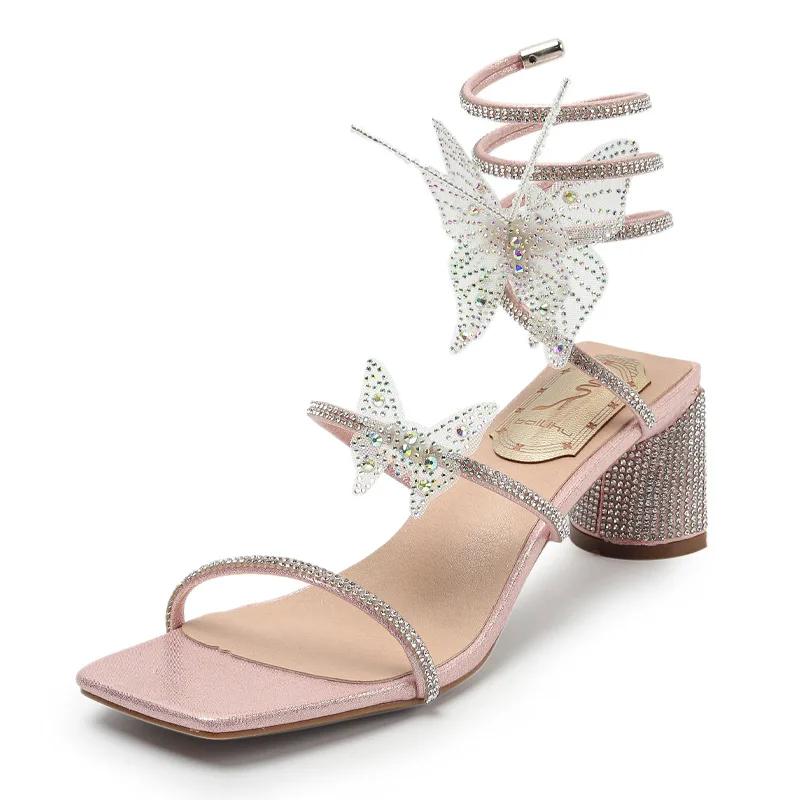 

sandals women's 2021 new thick heel square head fairy geomantic Diamond Butterfly ROMAN SANDALS