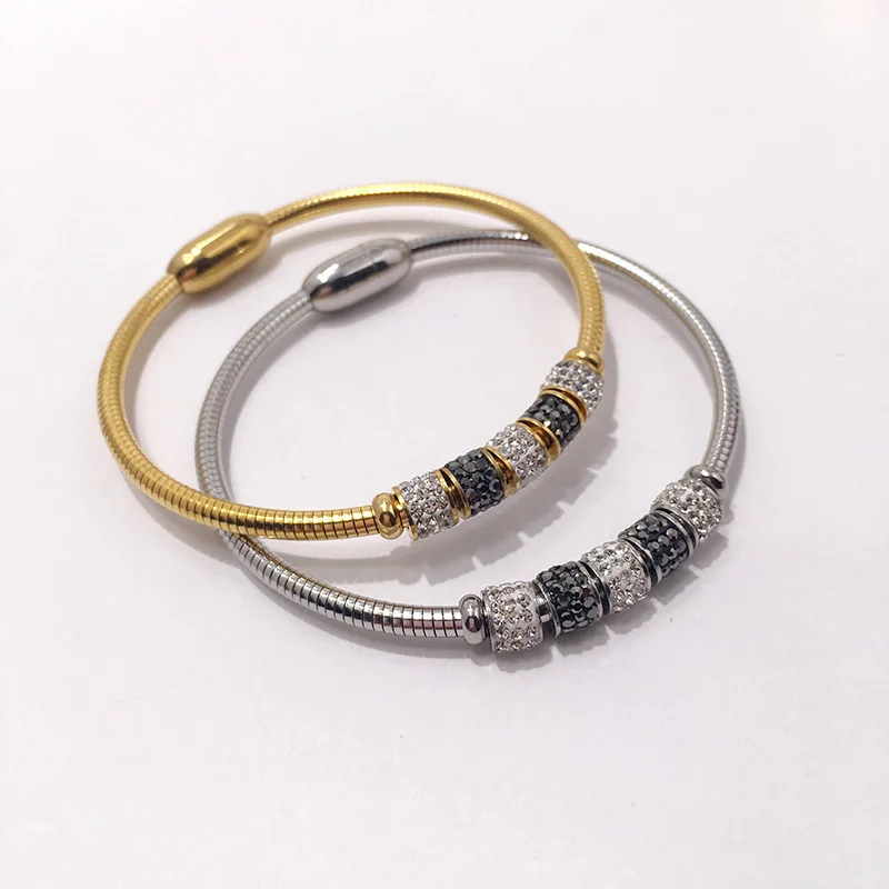 

Titanium Steel AAA Zircon Round Beas Charm Bangle Five Ceramic Beads Magnetic Snake Chain for Women Party Wedding Jewelry