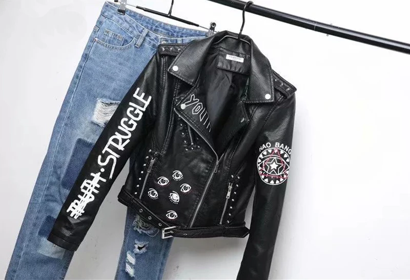 

Autumn Winter Women Black Jacket Motorcycle Coat 2019 Hip Hop Pu Leather Jacket Elegant Print Soft Leather Zipper Outerwear