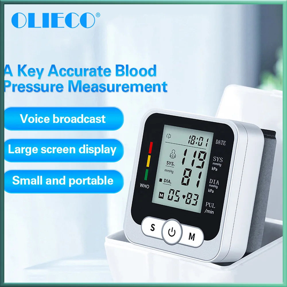 

Wrist Dry Battery Blood Pressure Monitor Tonometer English Voice Broadcast LCD High Resolution Screen Gift Travel Storage Box