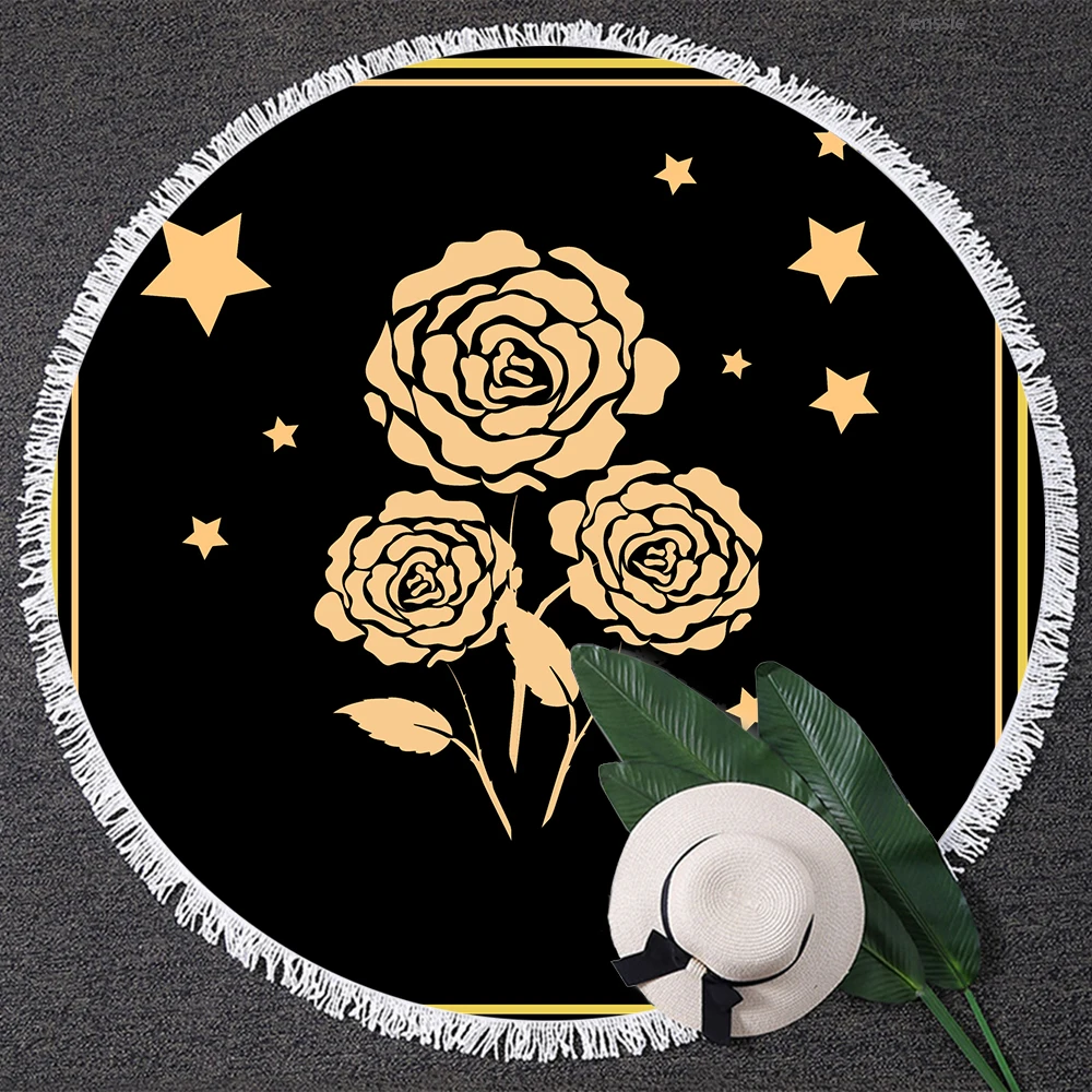 

Golden Rose Round Beach Blanket Tapestry Picnic Table Cover Beach Towel Tassel Beach Flowers Beach Towels For Photo Background
