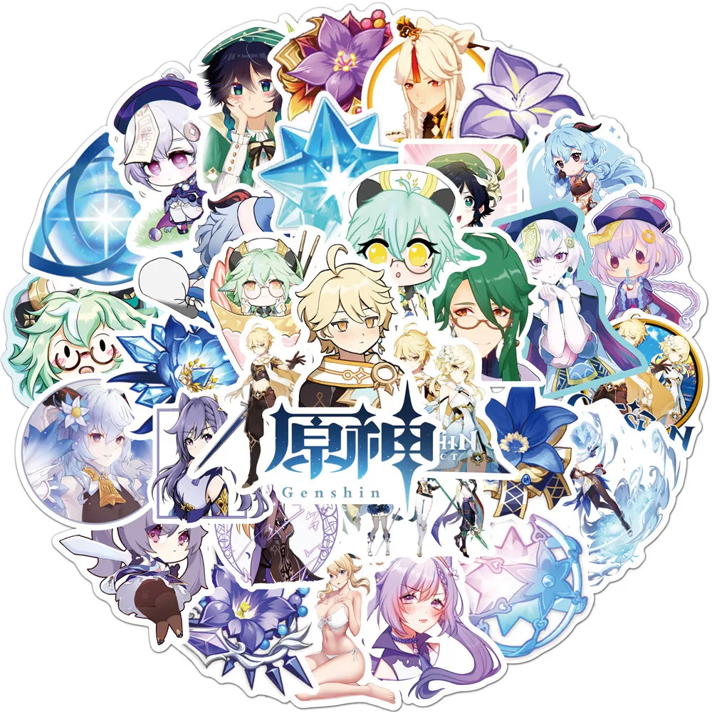 Genshin-calcoman&iacute;as de Anime de mundo abierto para ni&ntilde;os, calcoman&iacute;as de juego de Anime de impacto de 10/30/50 uds, impermeables, para ordenador port&aacute;til, tel&eacute;fono, motocicleta, monopat&iacute;n-0