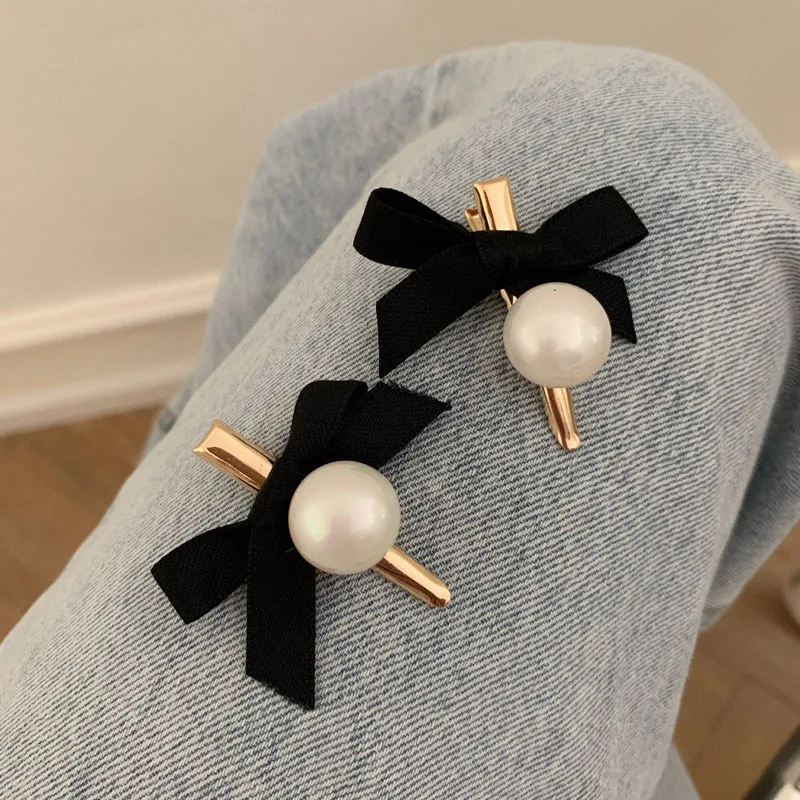 

2Pcs Girls Cute Black Ribbon Bow Big Pearl Hair Clip Simple Handmade Hair Grip Fashion Hairpin Styling Hair Accessories