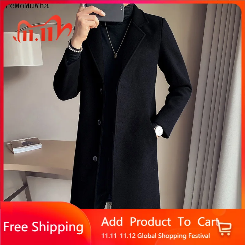 

2021Autumn New Woolen Coat Men's Trendy and Casual Korean Style Woolen Coat Fashion Slim Mid-Length Trench Coat Woolen Coat