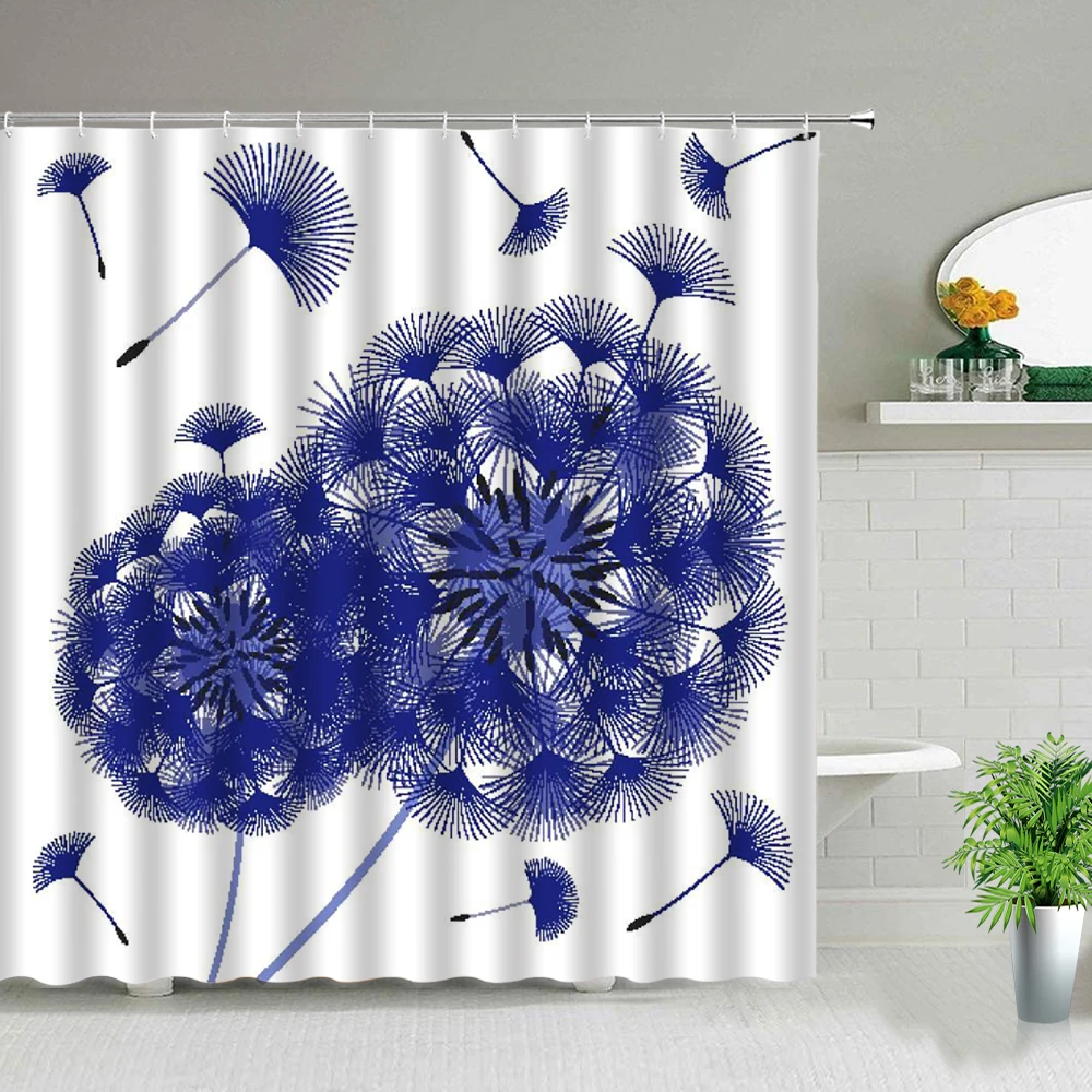 

Blue Dandelion Decorative Art Shower Curtains Butterfly Flower Plant Waterproof Bathroom Curtain Set Home Bathtub Decor Screens