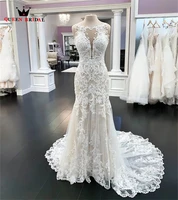 sexy mermaid wedding dress 2021 o neck tulle lace appliques crystal beaded long formal bride dress custom made kw42