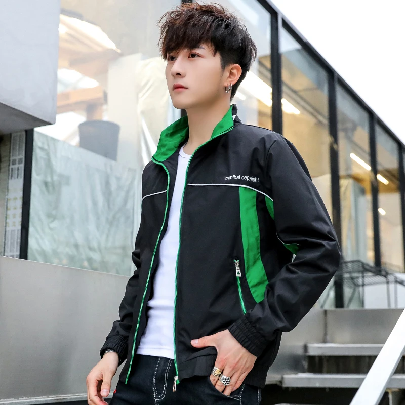 

Promotion Sale Men's Spring Jacket PatchWork With Green Panel Contrast Color Windbreaker Zipper Closure Youth Coat M-4XL 235