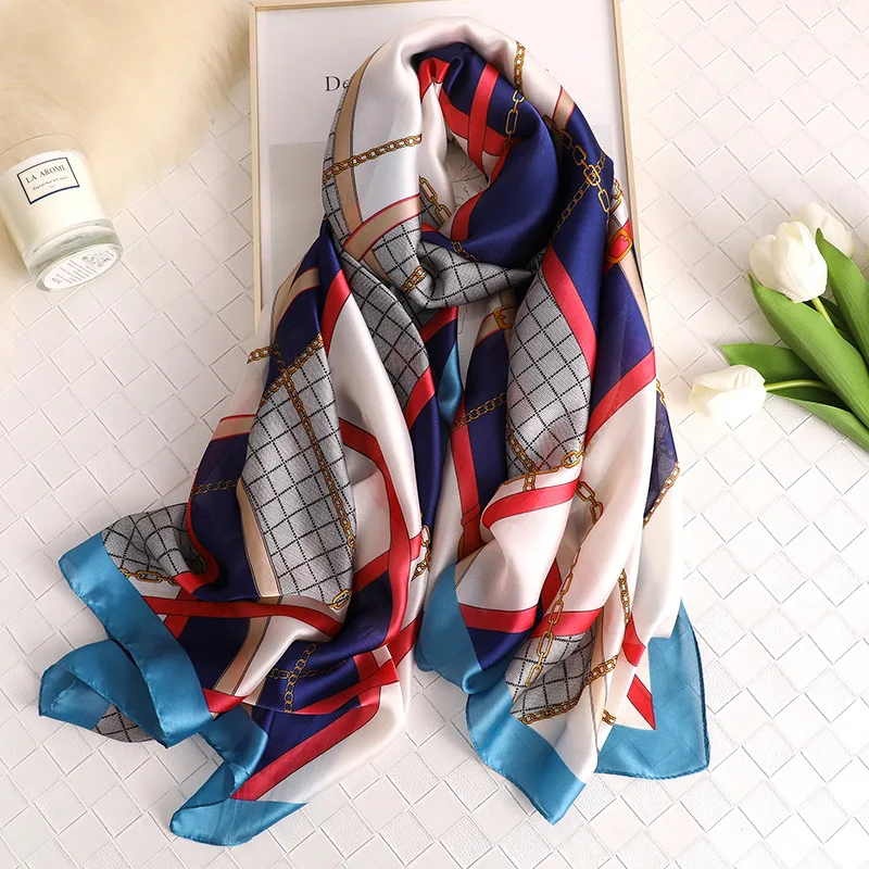 

Spring and autumn new warm scarf women's simulation silk fashion trend sunscreen silk scarf Korean seaside vacation beach towel