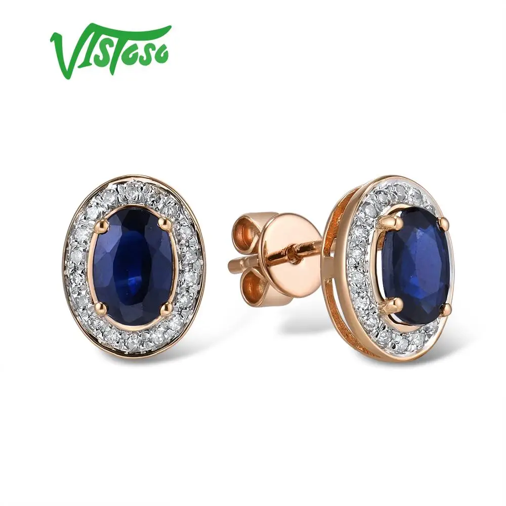 VISTOSO Pure 14K 585 роза/серьги из Белого Золота Шпилька для женщин Элегантный синий сапфир сверкающие бриллианты уникальные модные ювелирные изделия