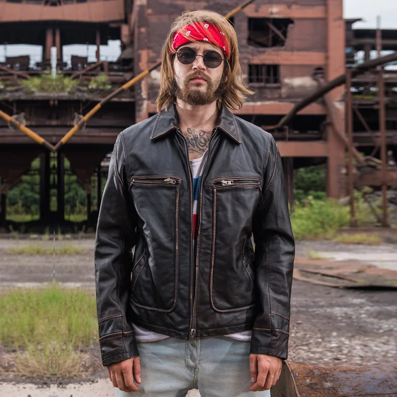 

Мужская винтажная Коричневая Кожаная куртка SHENGHUA в стиле ретро, модные мотоциклетные куртки, толстые зимние пальто из воловьей кожи