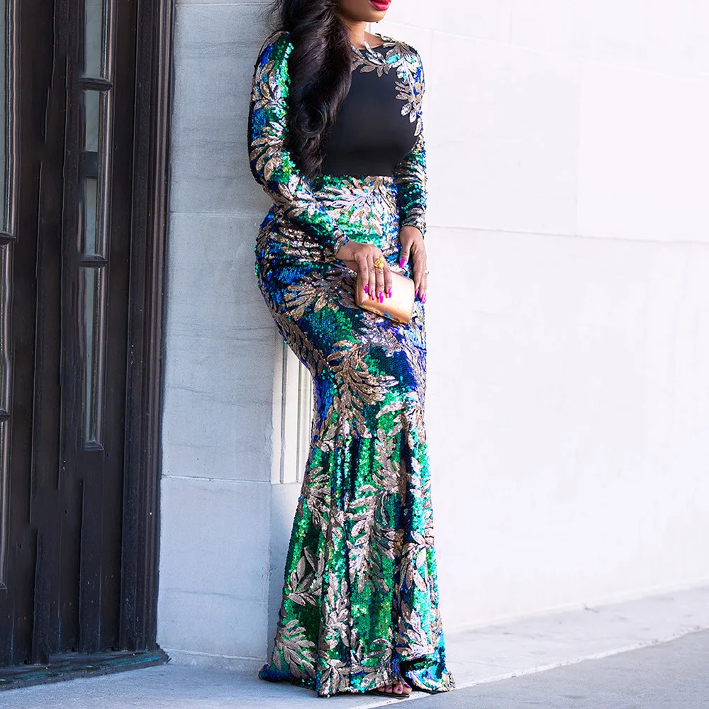 Винтажное зеленое платье с длинными рукавами и блестками в стиле русалки