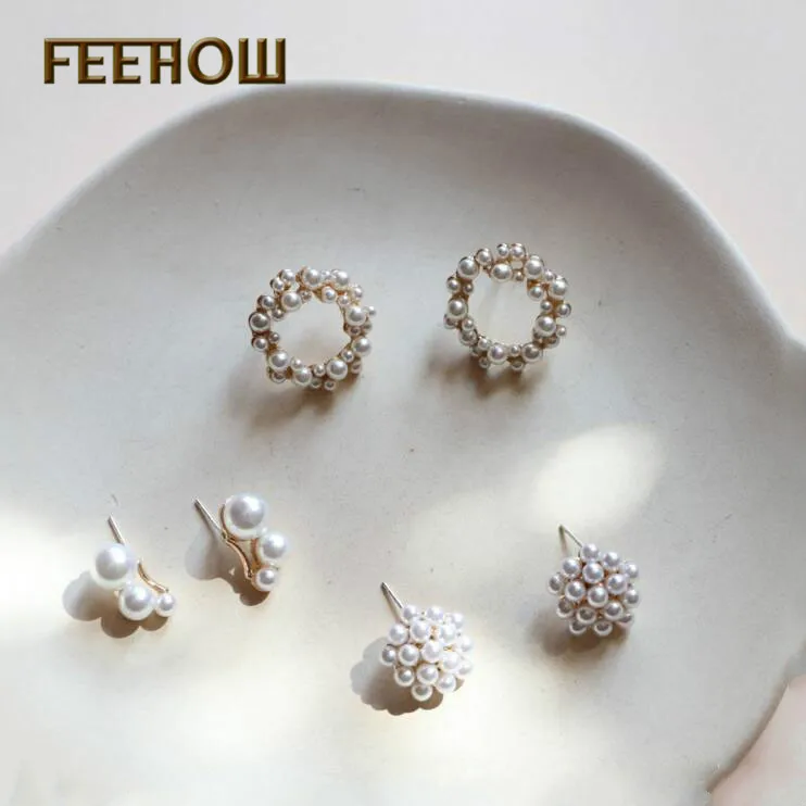 Женские серьги гвоздики FEEHOW элегантные круглые милые с имитацией жемчуга для