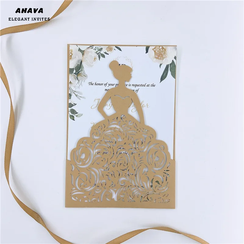 AHAVA 50× темно Золотая лазерная резка свадебные пригласительные открытки 4 девочки