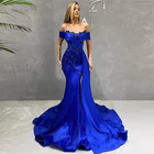 Женское атласное вечернее платье-русалка, длинное атласное платье синего цвета с бусинами и открытыми плечами, со шлейфом и открытой спиной, для выпускного вечера, 2021