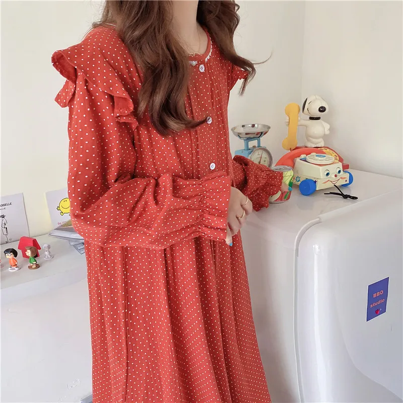 

Осенние 100% хлопковые ночные рубашки, Женская домашняя одежда, платье с оборками и длинным рукавом, домашняя одежда в горошек, свободная мягкая женская ночная рубашка, Корея