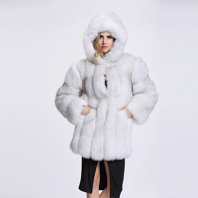 Donsignet Fashion New Solid  Faux Fox Fur Coat Women Mid Length Coat Long Sleeve Hooded Women Jacket