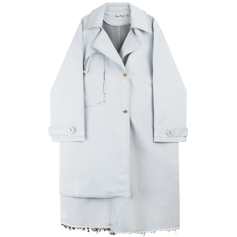 

Men Denim Windbreake Vintage Streetwear Hip Hop Punk Long Styler Jacket Male Women Splice Irregular Jean Trench Coat Overcoat