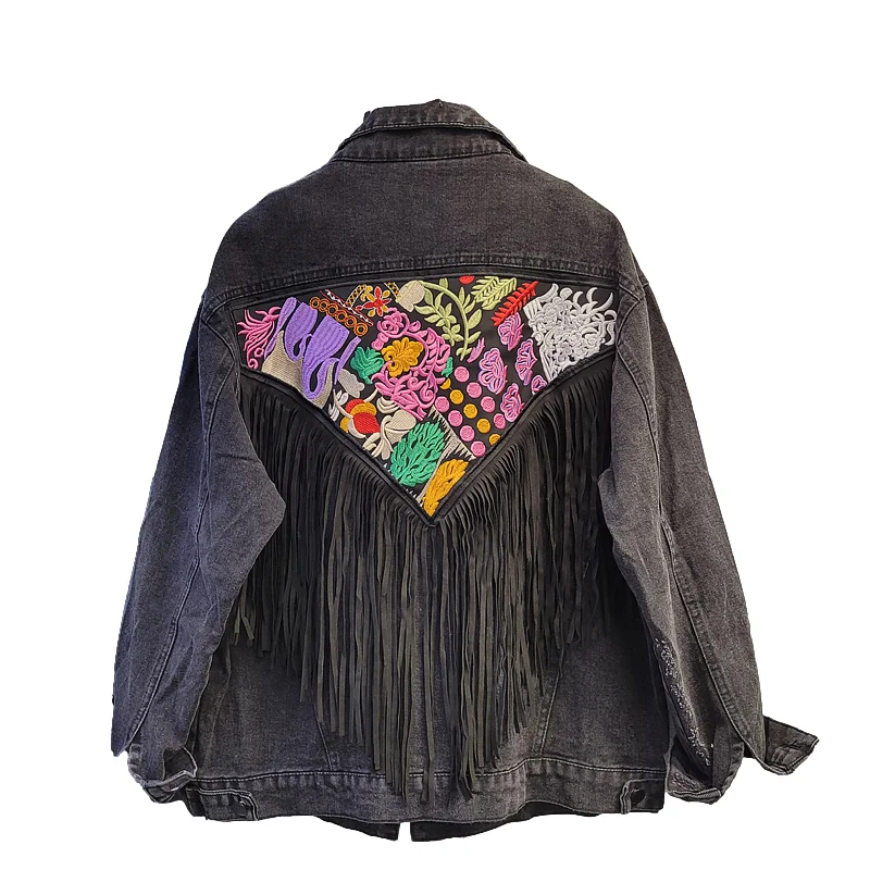 

Vintage Black Embroidery Flowers Tassel Denim Jacket Coat Women Loose Long Sleeve Short Frayed Outerwear Jeans Jackets Female
