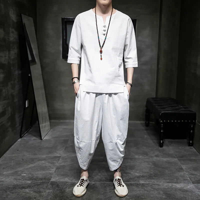 Костюм-кимоно мужской в японском стиле рубашка с коротким рукавом и брюки топ