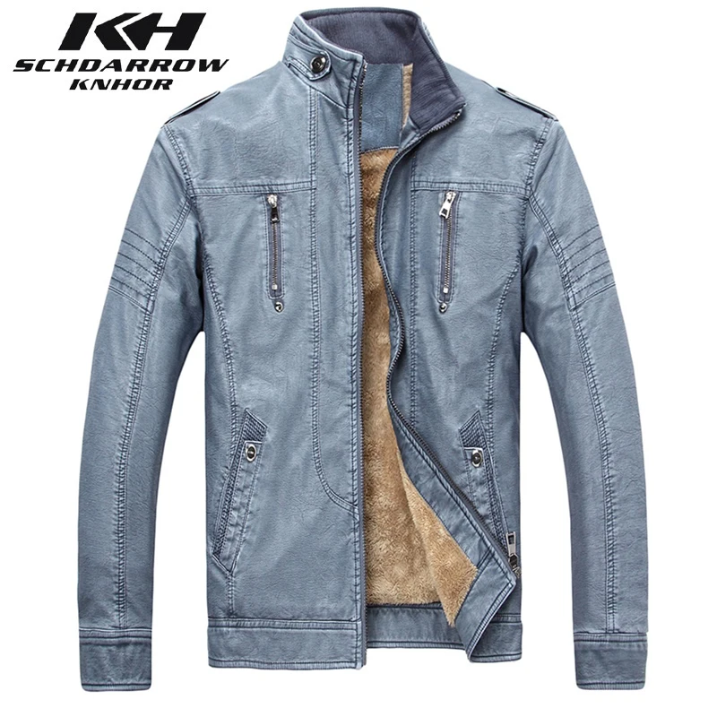 Мужская кожаная куртка в стиле ретро с флисовой подкладкой и воротником