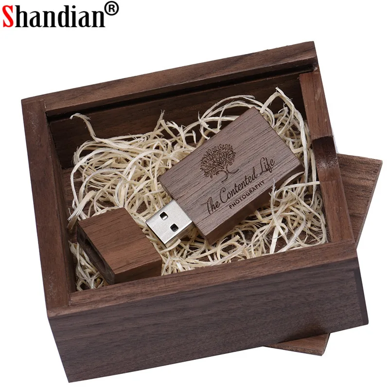 

SHANDIAN(1pcs free logo)Walnut maple wood usb+Box usb flash drive Pendrive 4GB 16GB 32GB Wedding gift box (size 105mm*95mm*40mm)