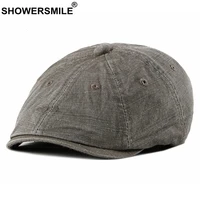 showersmile cotton newsboy cap british vintage flat cap men beret hat spring summer brown male high quality octogonal cap