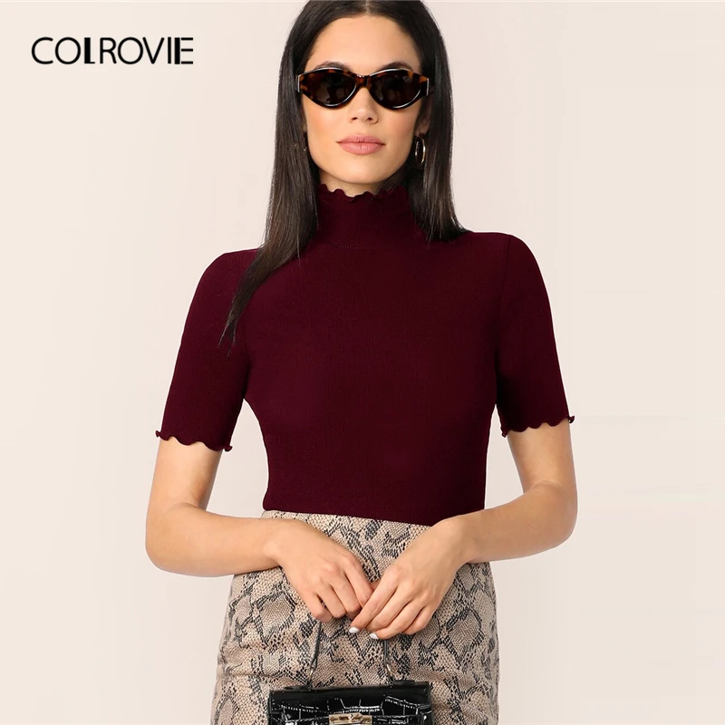 COLROVIE Lettuce Trim Form Fitted Rib-knit T-shirt Women Short Sleeve Casual Tops Female High Neck Elegant T-shirts