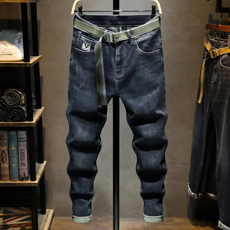 Korean Style Fashion Men Jeans High Quality Retro Black Elastic Slim Fit Ripped Jeans Men Vintage Designer Casual Denim Pants