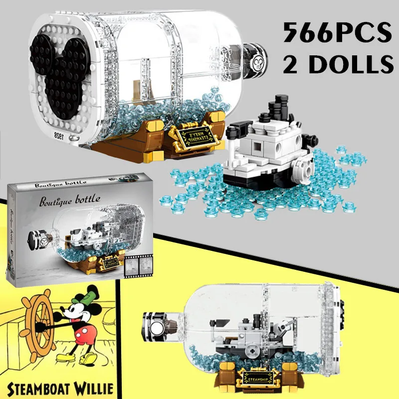 

New 566PCS Ideas Disney Mickey Movie Steamboat Willie Ship Boat In Bottle Building Block Bricks Toy Children Gift Kid Christmas