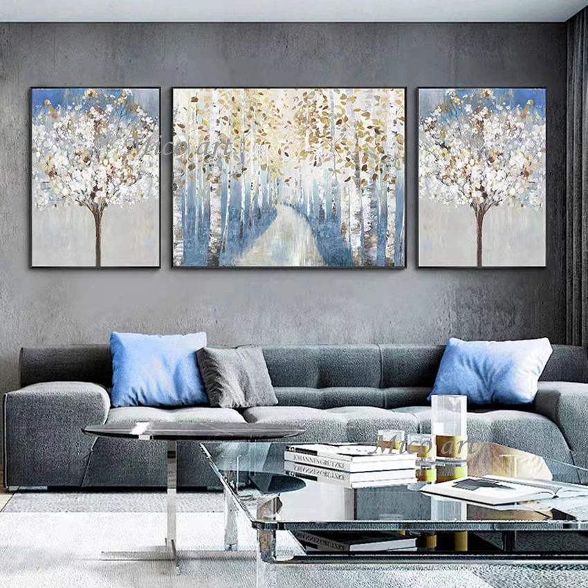 3 Панели 100% ручная роспись лесное дерево абстрактная живопись маслом на холсте