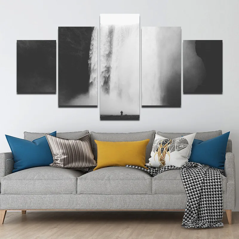 

Black and White Waterfall and People Under The Waterfall Poster 5Pcs Canvas Painting Modern Waterproof Ink Poster Home Wall Art