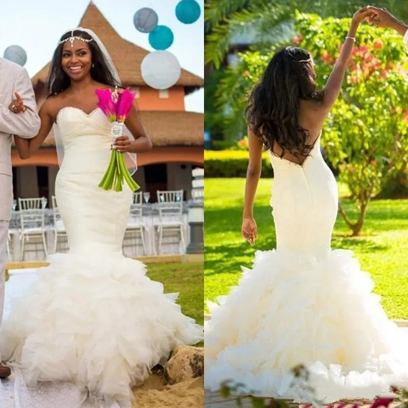 

Wedding Dress African Plus Size Stunning Sweetheart mermaid Backless Tiered Tulle Beach Robe De Mariée Summer Bridal Gown