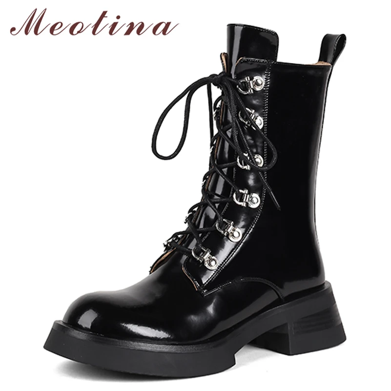 

Meotina Genuine Leather Motorcycle Boots Shoes Women Platform Flat Med Calf Boots Zipper Round Toe Ladies Boots Autumn Black 40